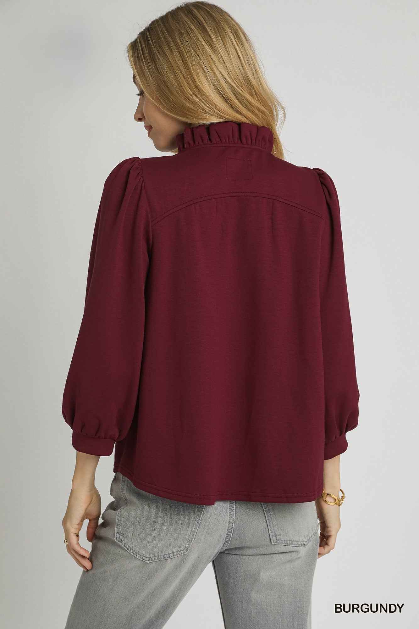 Luxeknit Ruffle Neck Blouse with Puff Sleeves