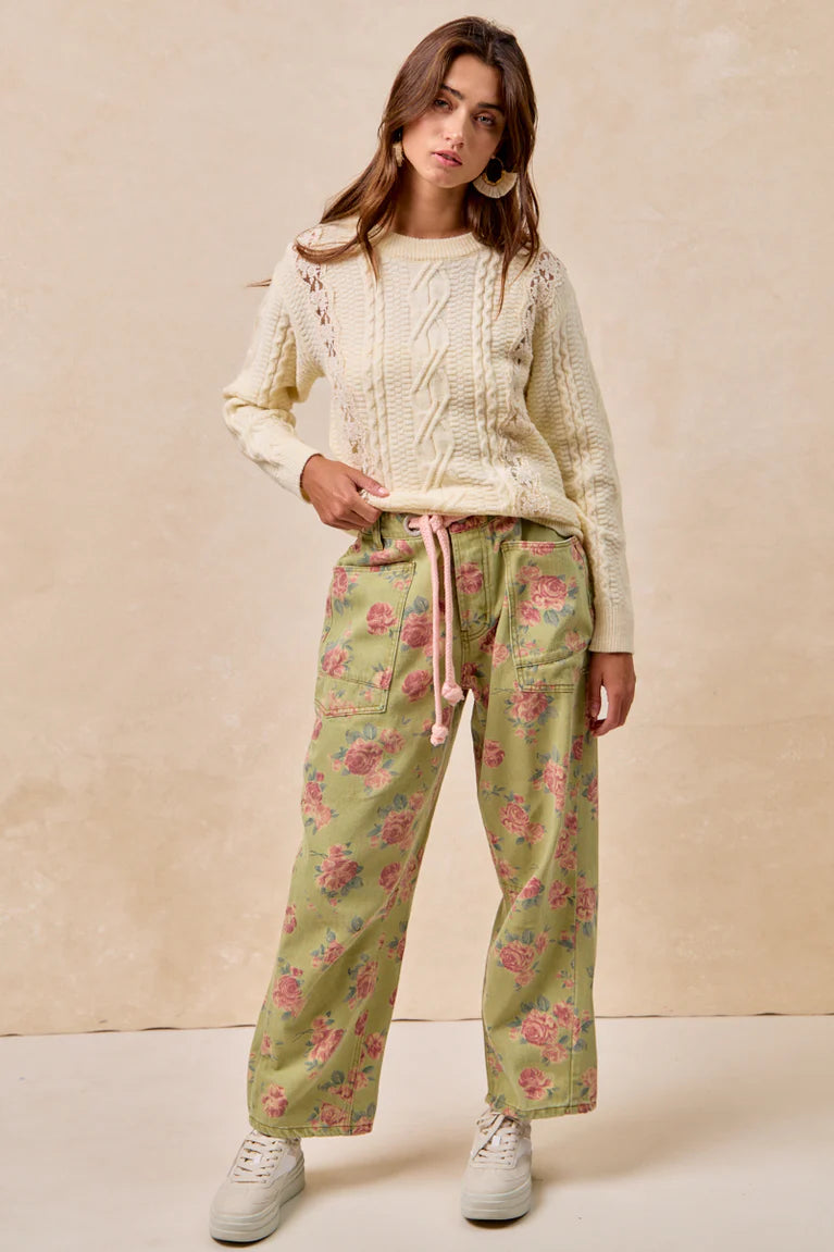BRAIDED WAIST BELT PATCH POCKETS FLORAL PRINT PANT