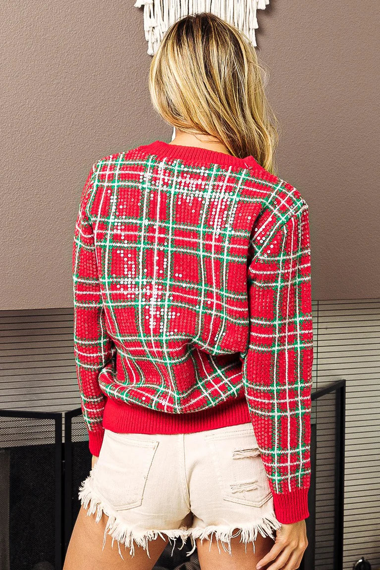 BIBI Clear Sequin Allover Christmas Plaid Sweater