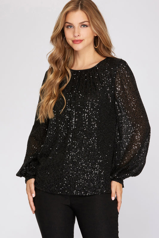 Long Sleeve Black Sequin Top