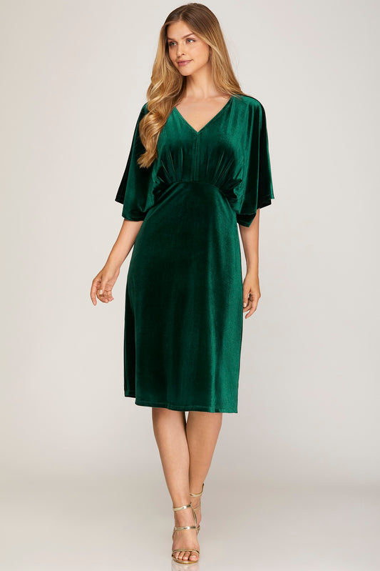 Kimono Sleeve Green Velvet Dress