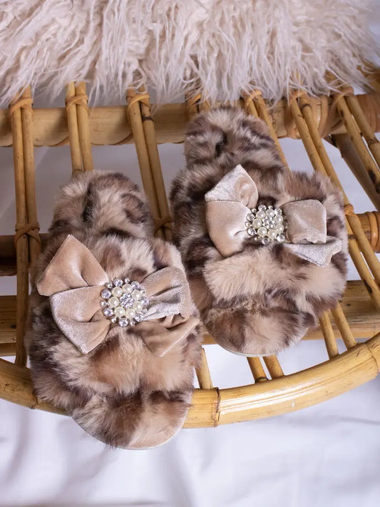 Pretty You London Faux Fur Bow Slippers with Rhinestones
