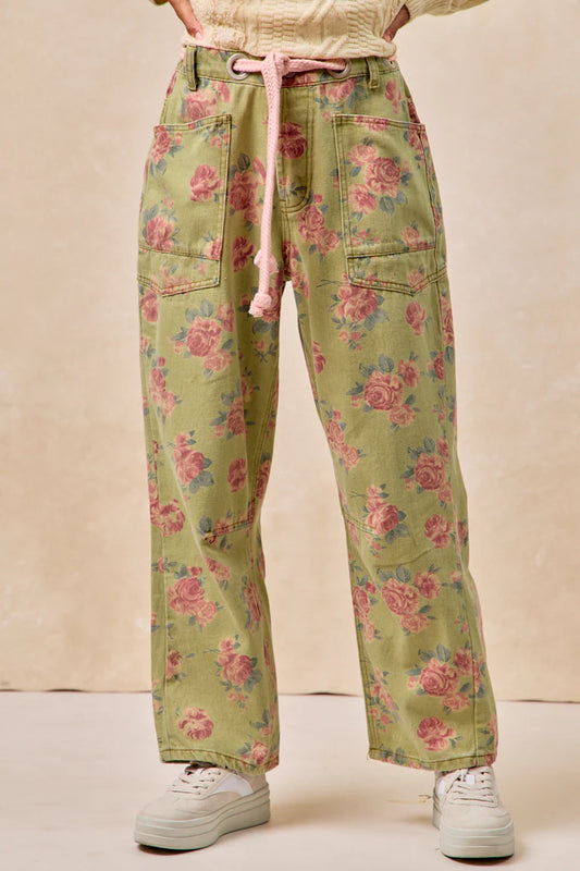BRAIDED WAIST BELT PATCH POCKETS FLORAL PRINT PANT