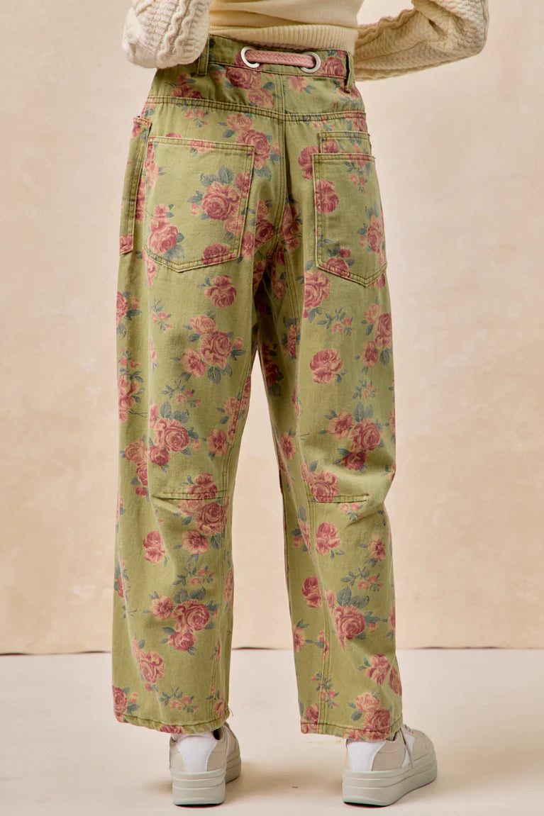BRAIDED WAIST BELT PATCH POCKETS FLORAL PRINT PANT